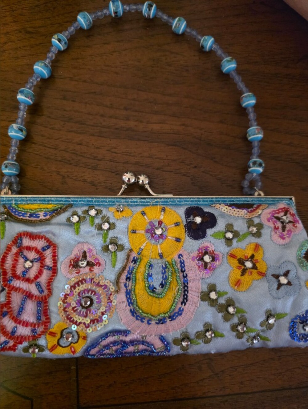 Vintage Floral Embroidered Light Blue Beaded Clutch Matching Beaded Top Handle